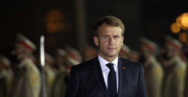 French President Emmanuel Macron arrives at Irbil international airport, Iraq, Aug. 29, 2021. (AP Photo)
