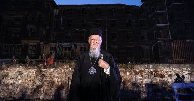 Fener Greek Orthodox Patriarch Bartholomew I poses in front of the orphanage in Istanbul, Turkey, Aug. 28, 2021. (AA Photo)