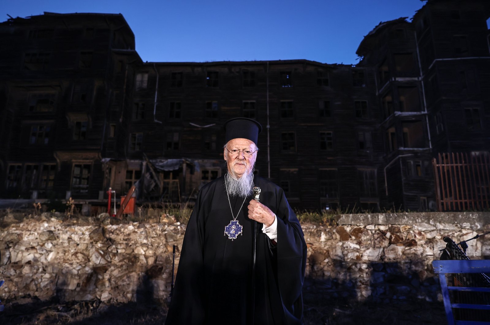 Fener Greek Orthodox Patriarch Bartholomew I poses in front of the orphanage in Istanbul, Turkey, Aug. 28, 2021. (AA Photo)