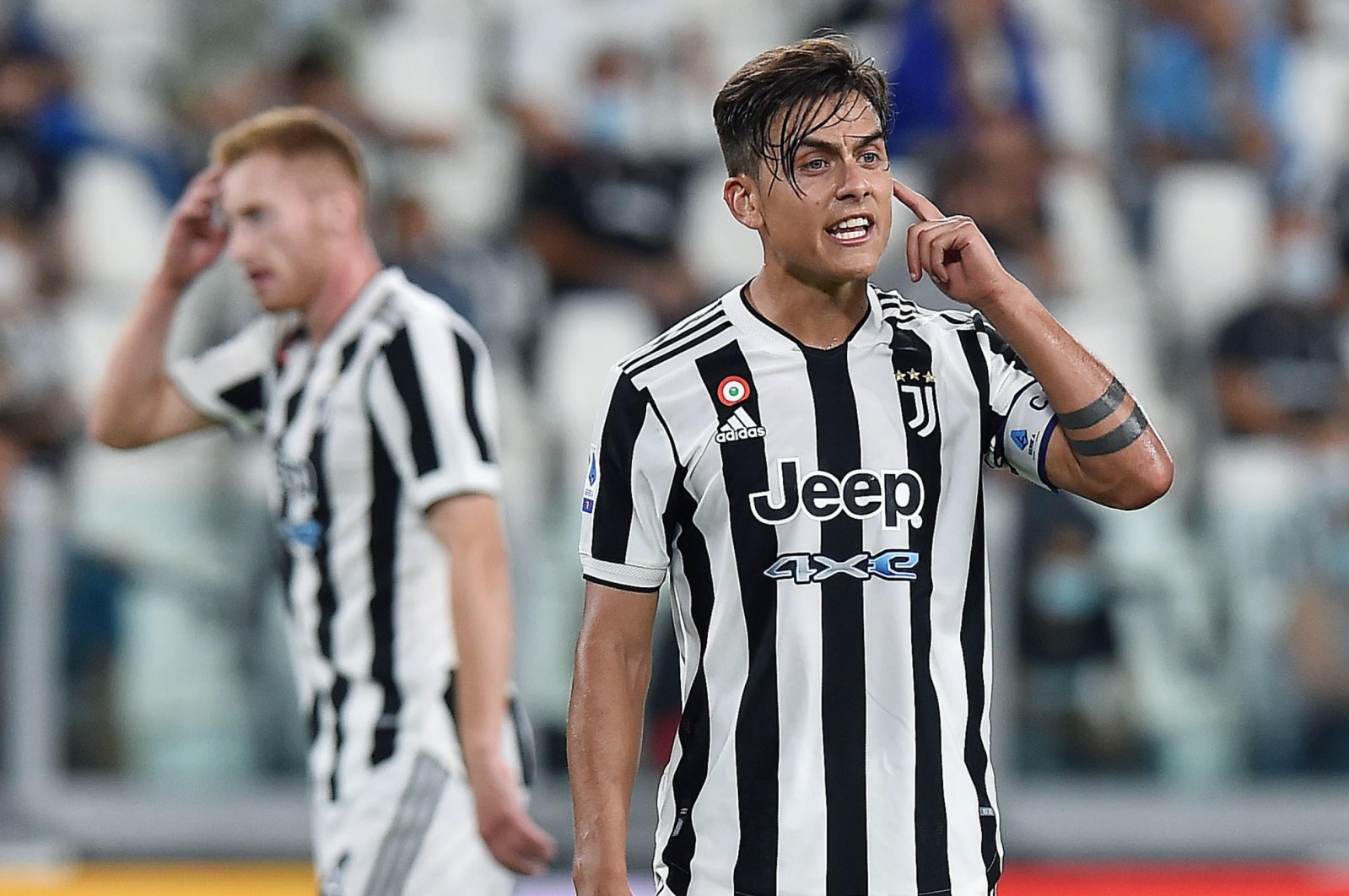 Juventus’ Paulo Dybala reacts during a Serie A match against Empoli at Allianz Stadium in Turin, Italy, Aug. 28, 2021. (EPA Photo)