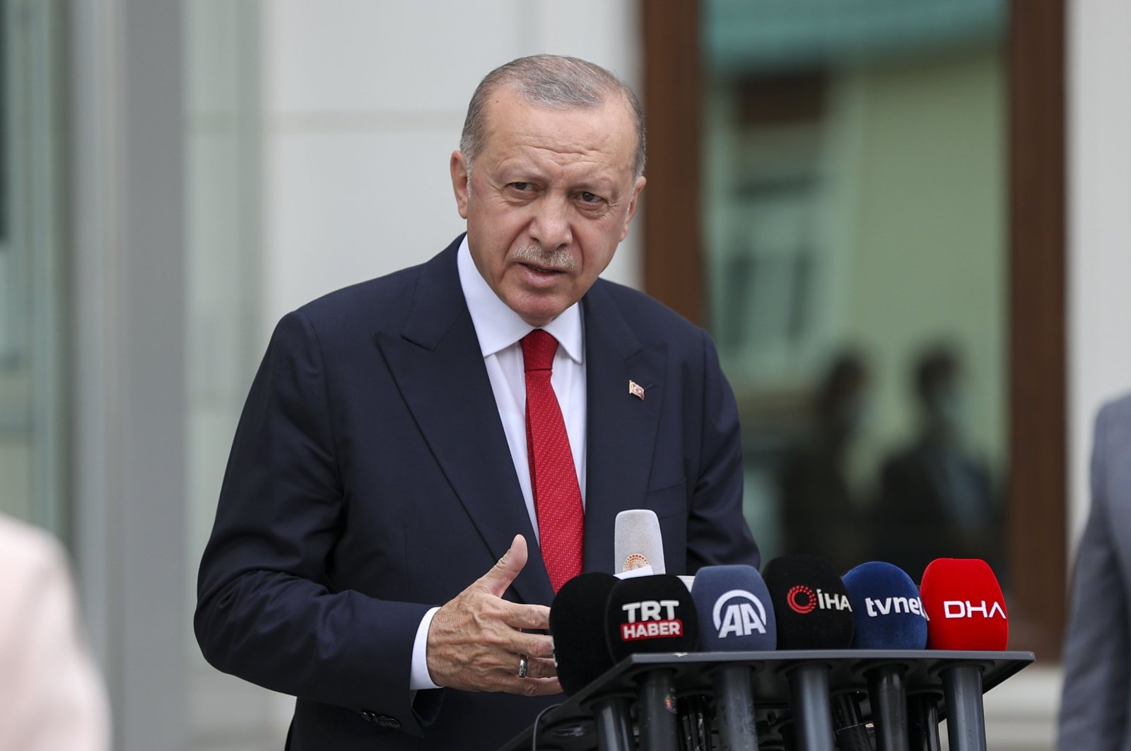 President Recep Tayyip Erdoğan speaks to the press after attending a prayer at Çilehane Mosque in Istanbul's Üsküdar, Turkey, Aug. 11, 2021 (AA File Photo)