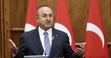  Foreign Minister  Mevlüt Çavuşoğlu speaks during a joint news conference with Jordanian Foreign Minister Ayman Safadi, in Amman, Jordan, Tuesday, Aug. 17, 2021. (Turkish Foreign Ministry via AP)