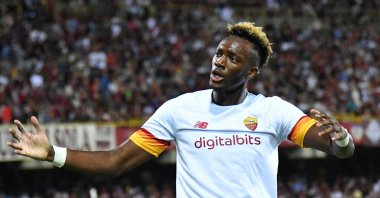 Roma's Tammy Abraham celebrates a goal in a Serie A football match against Roma at Arechi stadium in Salerno, Italy, Aug. 29, 2021. (AFP Photo)