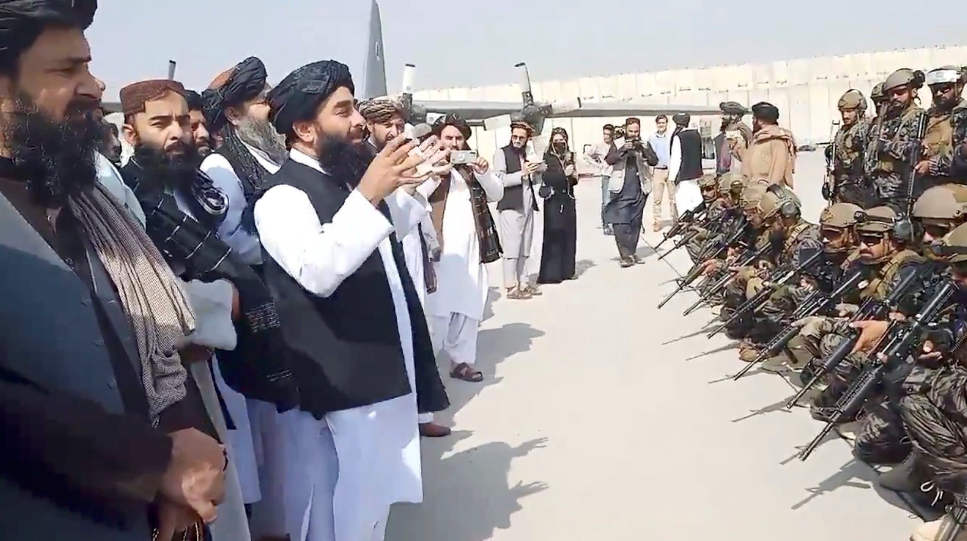 Taliban spokesperson Zabihullah Mujahid speaks to Badri 313 military unit at Kabul