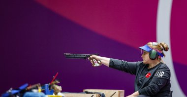 Turkey's Aysegül Pehlivanlar competes in the Tokyo 2020 Paralympic P2 Women's 10-meter air pistol final at the Asaka Shooting Range, Asaka, Japan, Aug. 31, 2021. (Getty Images)