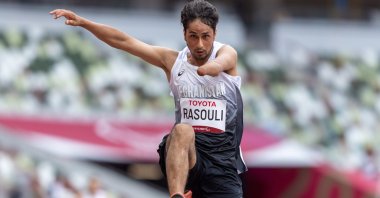 Afghanistan's Hossain Rasouli competes in Tokyo 2020 Paralympic Games men’s long jump T46 final at the Olympic Stadium, Tokyo, Japan, Aug. 31, 2021. (EPA Photo)