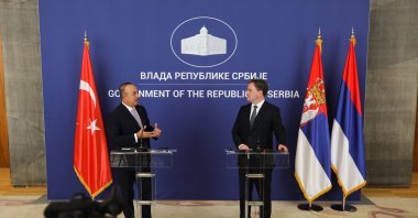 Foreign Minister Mevlüt Çavuşoğlu and his Serbian counterpart Nikola Selakovic hold a joint press conference in Belgrade, Serbia, Aug. 31, 2021. (AA Photo)