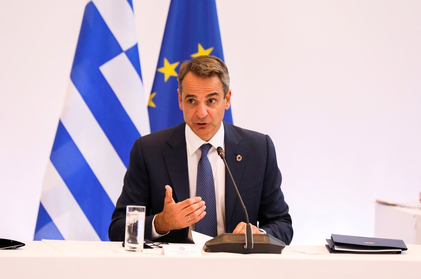 Greek Prime Minister Kyriakos Mitsotakis speaks during a Trilateral Meeting between Greece, Cyprus and Jordan, in Athens, Greece, July 28, 2021. (Reuters Photo)