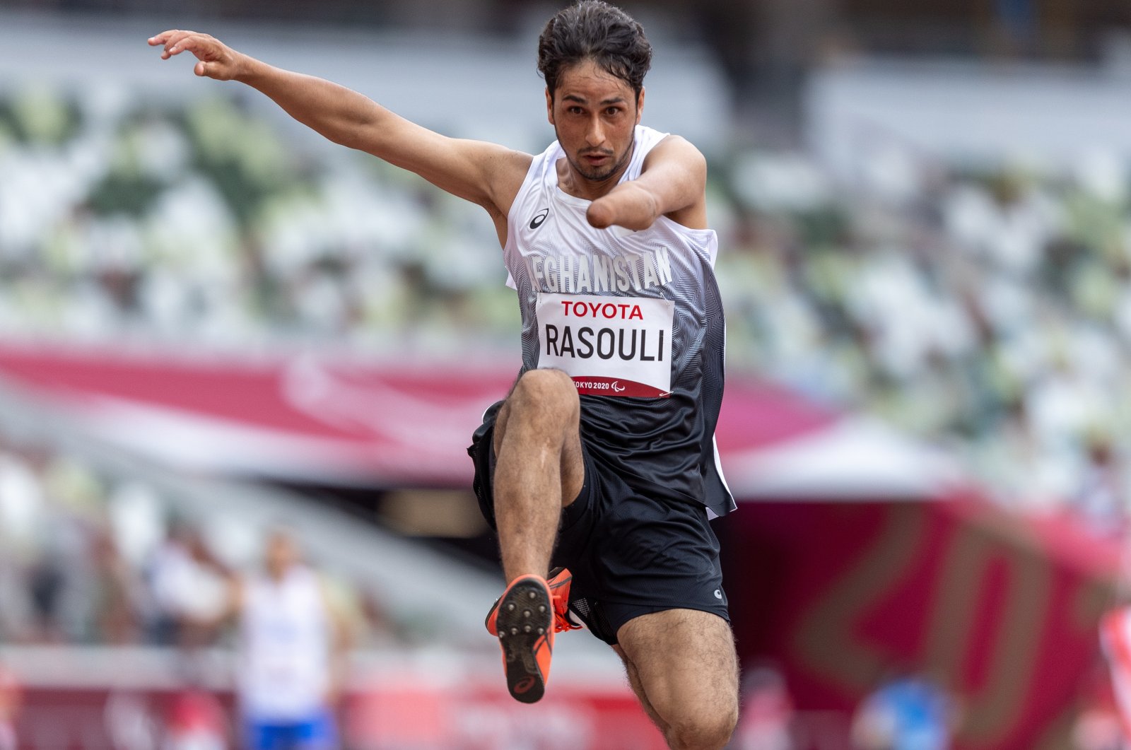 Afghanistan's Hossain Rasouli competes in Tokyo 2020 Paralympic Games men’s long jump T46 final at the Olympic Stadium, Tokyo, Japan, Aug. 31, 2021. (EPA Photo)