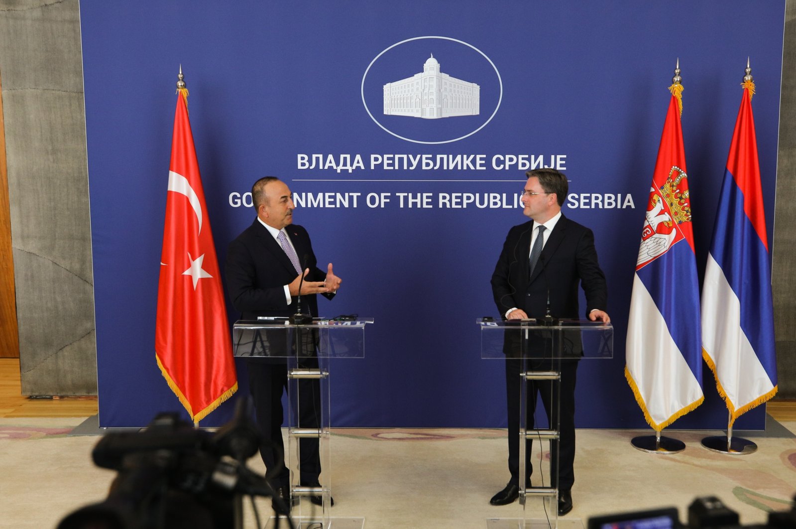 Foreign Minister Mevlüt Çavuşoğlu and his Serbian counterpart Nikola Selakovic hold a joint press conference in Belgrade, Serbia, Aug. 31, 2021. (AA Photo)