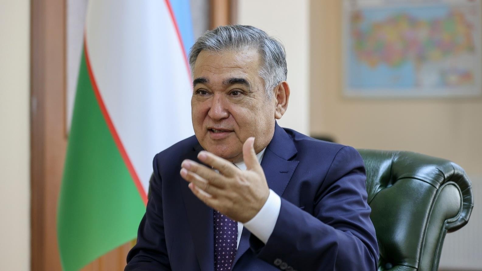 Uzbekistan's Ambassador to Ankara Alisher Agzamhadjaev gestures during an interview. (AA Photo)