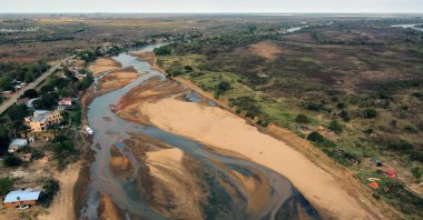 Aerial view of an almost dry arm of the Parana River during a historic downspout in Goya, Corrientes, Argentina, Aug. 21, 2021. (AFP Photo)