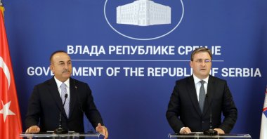 Serbian Foreign Minister Nikola Selakovic (R) speaks during a press conference with Turkish Foreign Minister Mevlüt Çavuşoğlu (L) after their meeting in Belgrade, Serbia, Aug. 31, 2021. (EPA Photo)