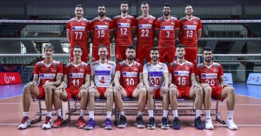 The Turkish men's national volleyball team poses for a group photo ahead of their 2021 CEV EuroVolley men's competition in Finland, Istanbul, Turkey, Aug. 27, 2021. (AA Photo)
