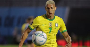 Brazil's Richarlison takes the ball during a closed-door 2022 FIFA World Cup South American qualifier match against Uruguay at the Centenario Stadium in Montevideo, Nov. 17, 2020. (AFP Photos)
