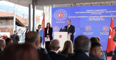 Foreign Minister Mevlüt Çavuşoğlu speaks at the opening of the Turkish Consulate General in Novi Pazar, Serbia, Sept. 1, 2021. (AA Photo)