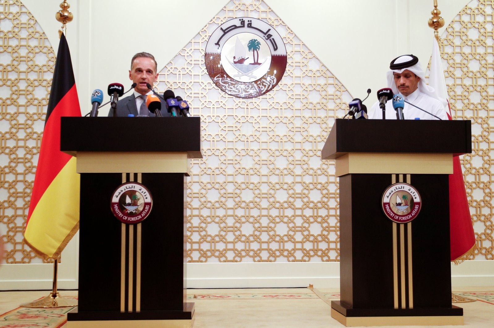 German Foreign Minister Heiko Maas and Qatar's Foreign Minister Mohammed bin Abdulrahman bin Jassim Al Thani attend a press conference in Doha, Qatar, Aug. 31, 2021. (Reuters Photo)