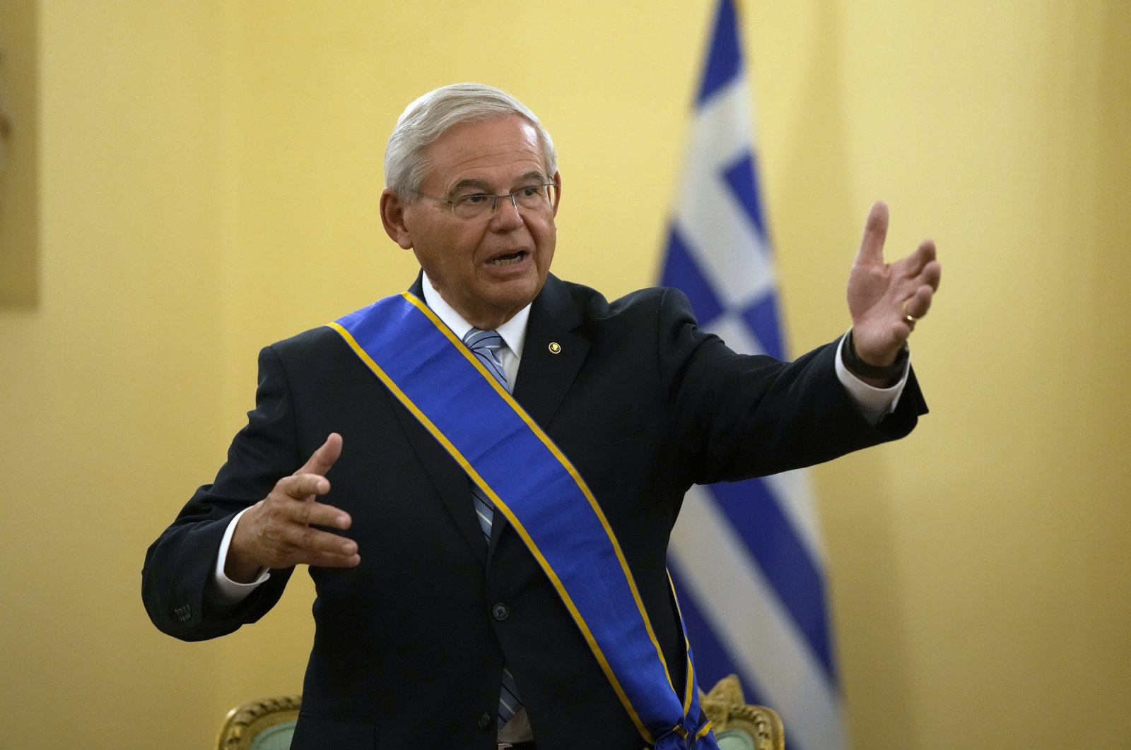 U.S. Senator Bob Menendez, chairperson of the Senate Foreign Relations Committee, speaks after he was awarded the Grand Cross of the Order of the Redeemer by Greek President Katerina Sakellaropoulou at the Presidential Palace in Athens, Aug. 27, 2021. (AP File Photo)