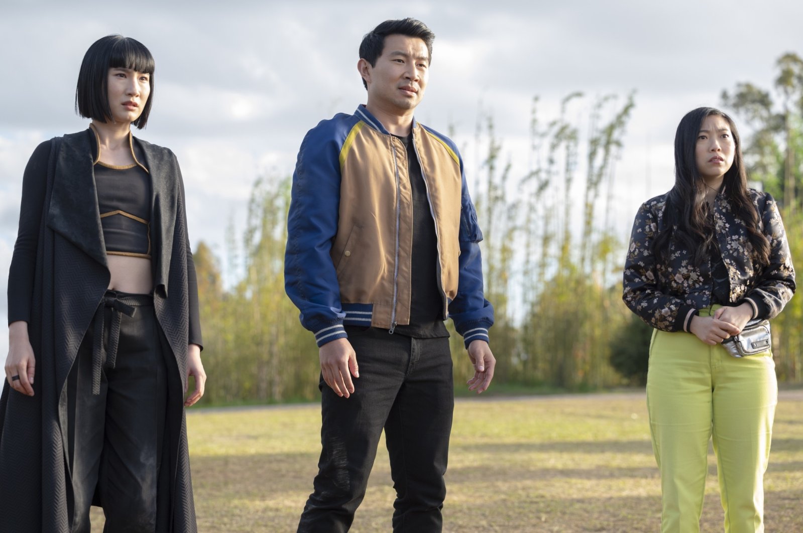 Meng’er Zhang (L), Simu Liu (C) and Awkwafina, in a scene from the film “Shang-Chi and the Legend of the Ten Rings.” (Marvel Studios via AP)