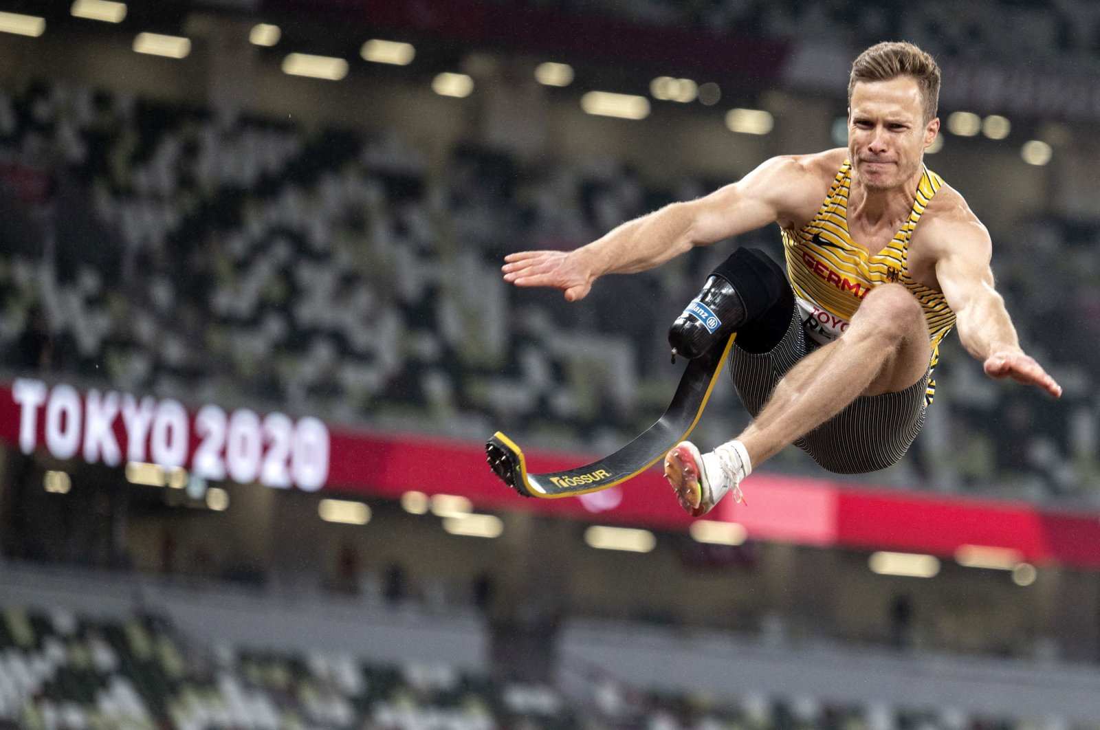 Germany's Markus Rehm competes in the Tokyo 2020 Paralympic men's long jump T64 final at the Olympic Stadium, Tokyo, Japan, Sept. 1, 2021. (AFP Photo)