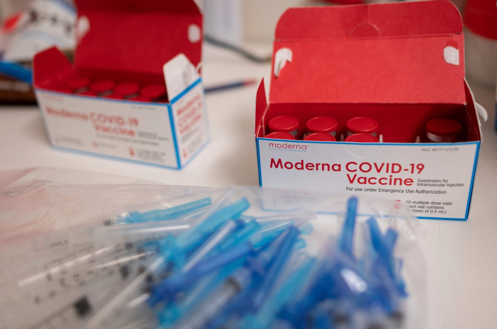 Syringes and Moderna COVID-19 vaccines are seen at an old TJ Maxx store used by Lynchburg fire Department as a mass COVID-19 vaccination site in Lynchburg, Virginia, U.S., March 13, 2021. (AFP Photo)
