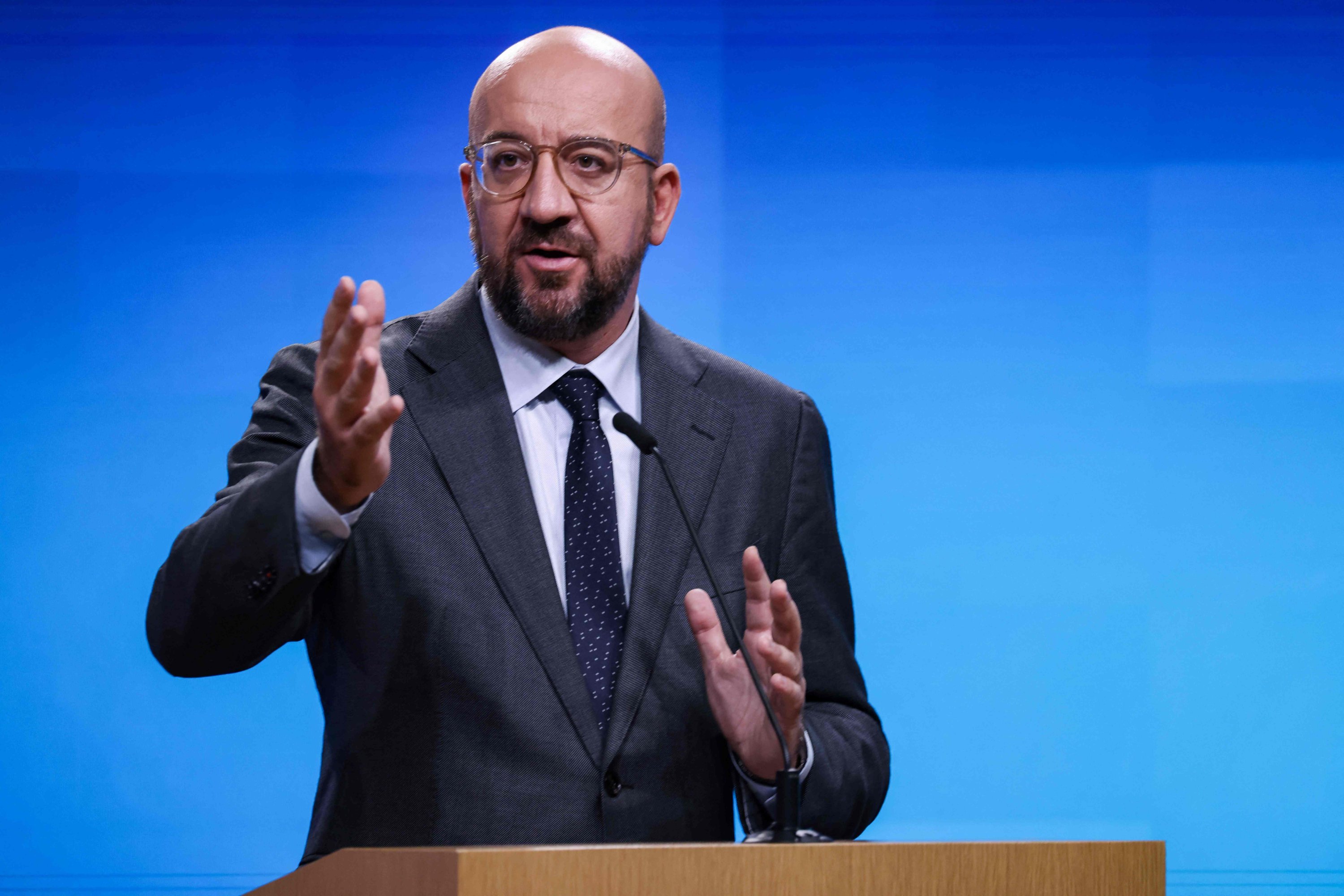 European Council President Charles Michel speaks during a press conference at the end of a virtual G-7 summit to discuss the crisis in Afghanistan at the European Council building in Brussels, Belgium, Aug. 24, 2021. (AFP Photo)
