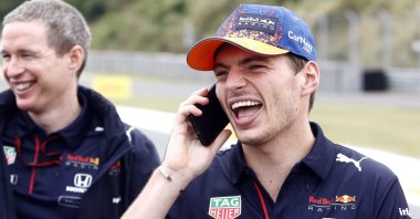 Red Bull's Dutch driver Max Verstappen (R) and his father Jos Verstappen during a track walk at Circuit Zandvoort, the Netherlands, Sept. 2, 2021. (EPA Photo)