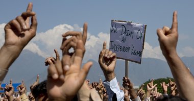 Kashmiris shout freedom slogans during a protest against New Delhi's tightened grip on the disputed region, after Friday prayers on the outskirts of Srinagar, Indian controlled Kashmir, Aug. 23, 2019. (AP Photo)