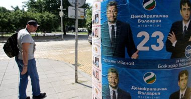 A man walks past election posters of the Democratic Bulgaria party in Sofia, Bulgaria, July 8, 2021. (Reuters Photo)
