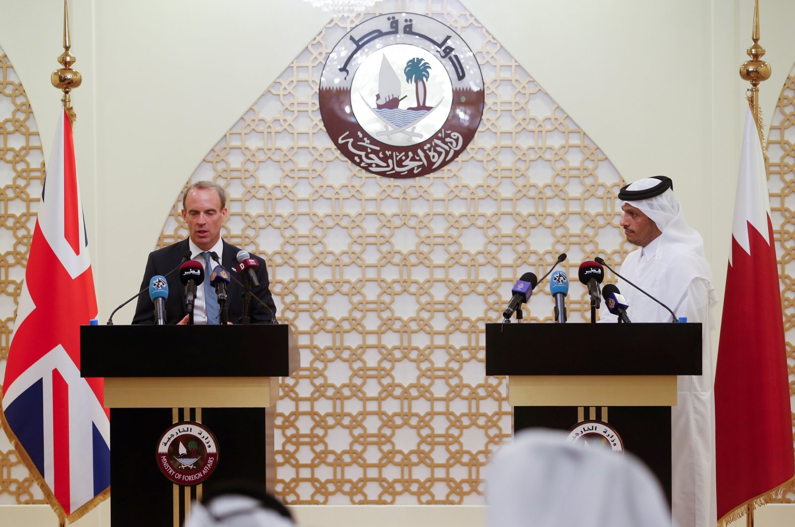 Qatari Foreign Minister Sheikh Mohammed bin Abdulrahman Al Thani and Britain's Foreign Secretary Dominic Raab hold a joint news conference in Doha, Qatar, Sept. 2, 2021. (Reuters Photo)