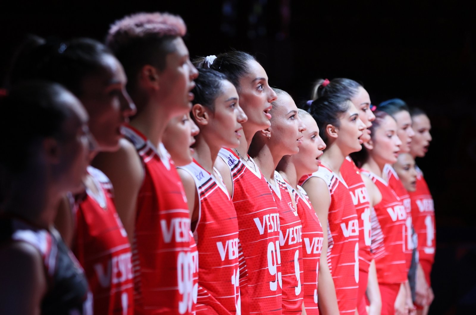 Turkey women's national volleyball team players prior to their 2021 EuroVolley quarterfinal against Poland at the Kolodruma Sports Hall in Plovdiv, Bulgaria, Aug. 31, 2021.