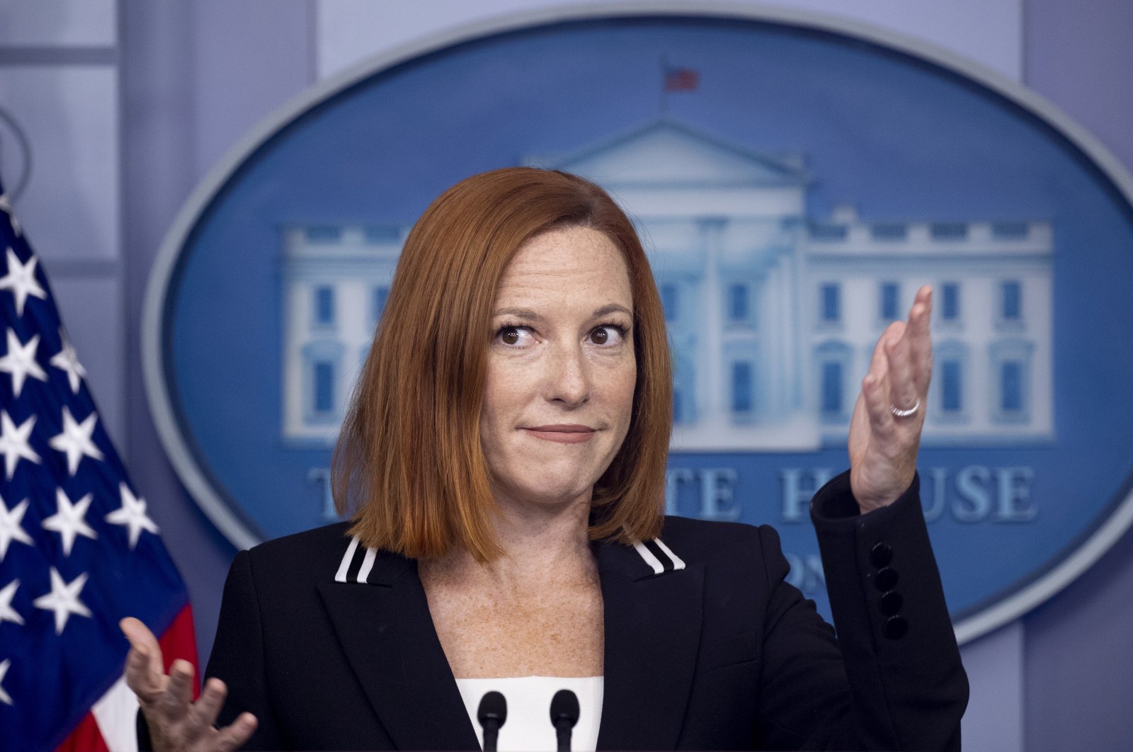 White House Press Secretary Jen Psaki participates in a news briefing during which a variety of topics were discussed ranging from the Biden administration's response to Hurricane Ida, the withdrawal from Afghanistan and cybersecurity protective measures ahead of the approaching Labor Day holiday weekend; in the James Brady Press Briefing Room of the White House in Washington, D.C., U.S., Sept. 2, 2021. (EPA Photo)
