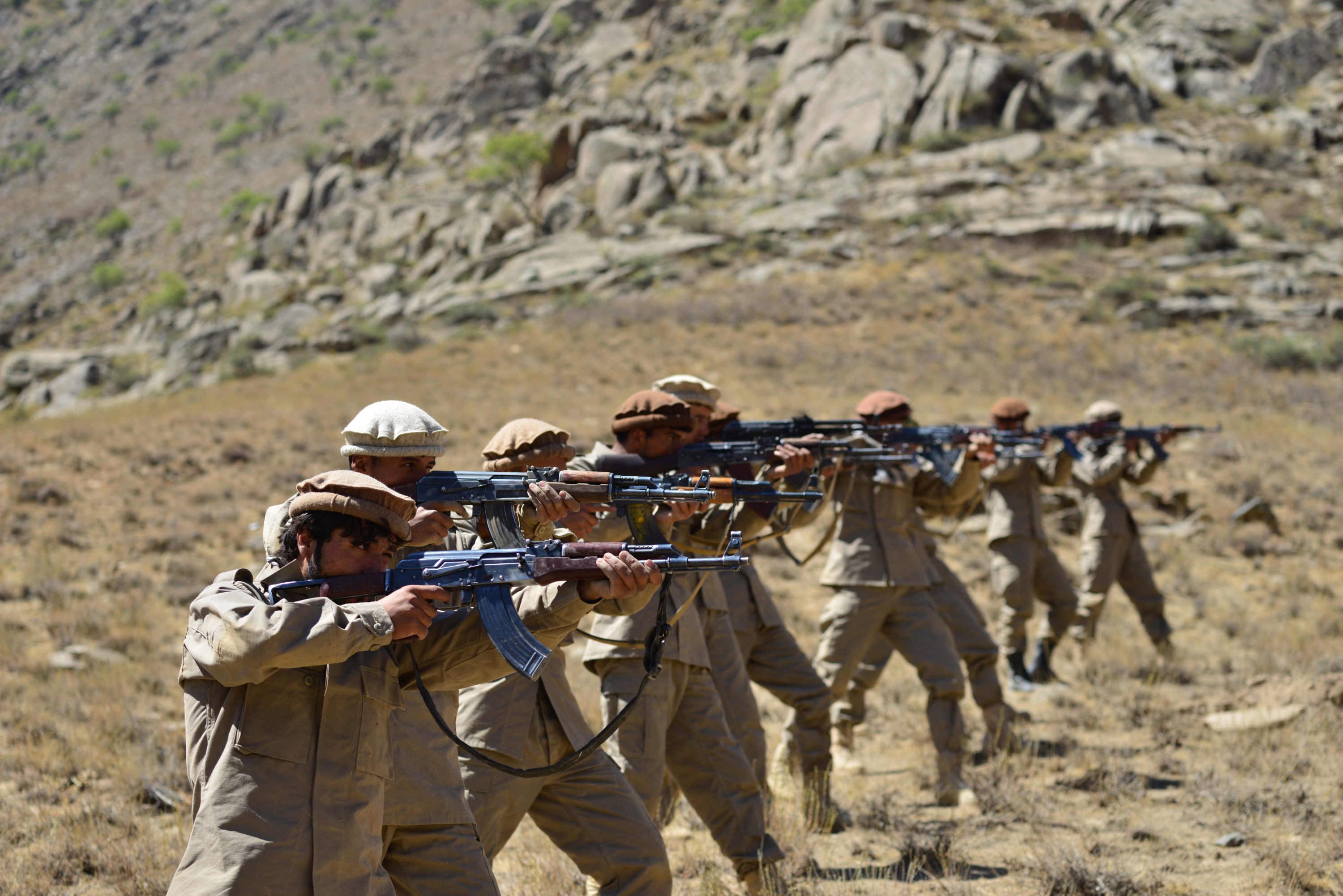 Afghan resistance movement and anti-Taliban uprising forces take part in military training at Malimah area of Dara district in Panjshir province, Afghanistan, Sept. 2, 2021, as the valley remains the last major holdout of anti-Taliban forces. (AFP Photo)