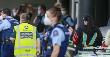 Police and ambulance staff attend a scene outside an Auckland supermarket, New Zealand, Sep. 3, 2021. (AP Photo)