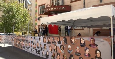 Mothers protest the PKK terrorist group outside the office of the opposition Peoples' Democratic Party (HDP) in southeastern Diyarbakır province, Turkey, Sept. 3, 2021. (IHA Photo)
