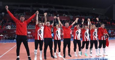 Team Turkey celebrates after defeating Team USA in the women's in the Tokyo Paralympic goalball final at Makuhari Messe Hall, in Chiba, Japan, Sept. 3, 2021. (Getty Images)
