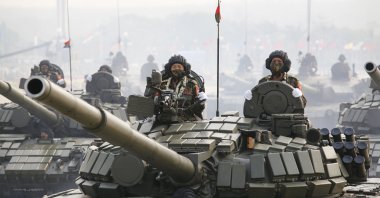 Military personnel participate in a parade on Armed Forces Day in Naypyitaw, Myanmar, March 27, 2021. (AP Photo)