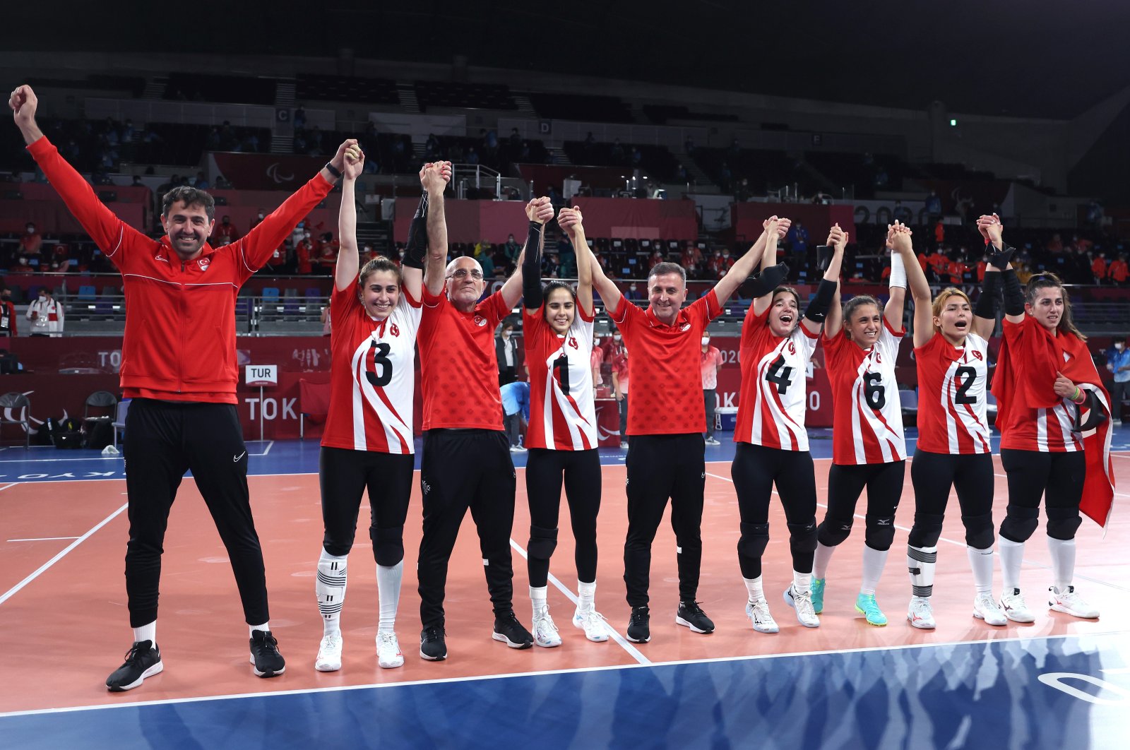 Team Turkey celebrates after defeating Team USA in the women's in the Tokyo Paralympic goalball final at Makuhari Messe Hall, in Chiba, Japan, Sept. 3, 2021. (Getty Images)