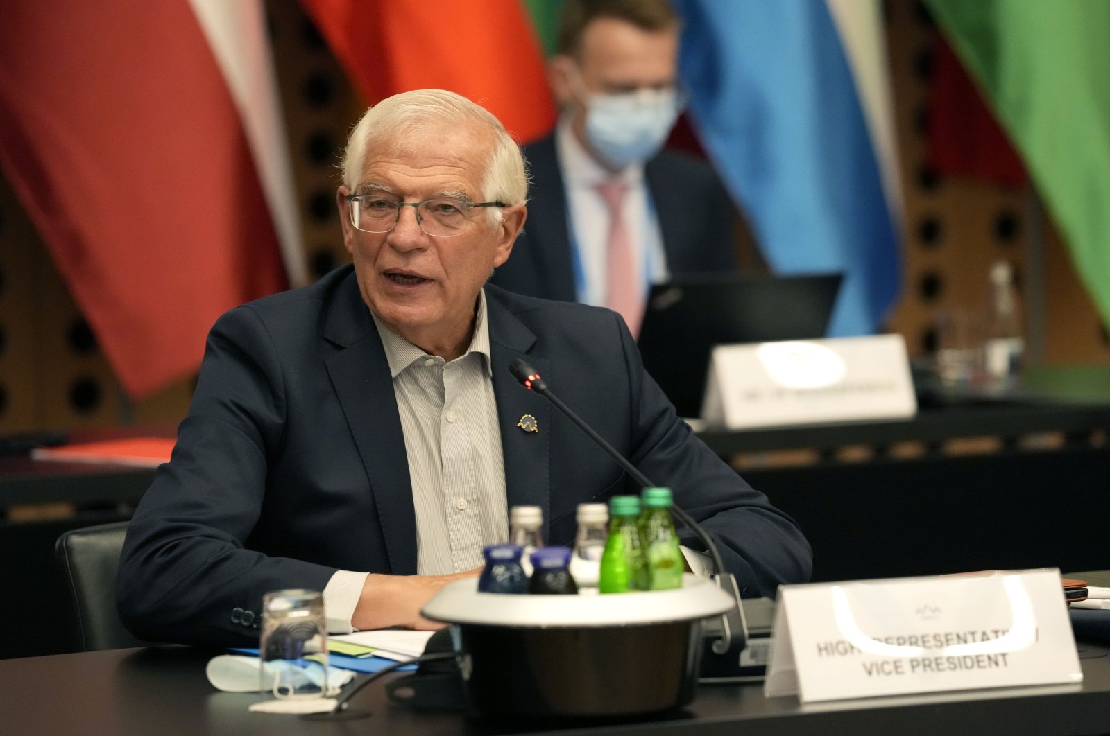 European Union foreign policy chief Josep Borrell (C) chairs a round table meeting of EU foreign ministers at the Brdo Congress Center in Kranj, Slovenia, Sept. 2, 2021. (AP Photo)