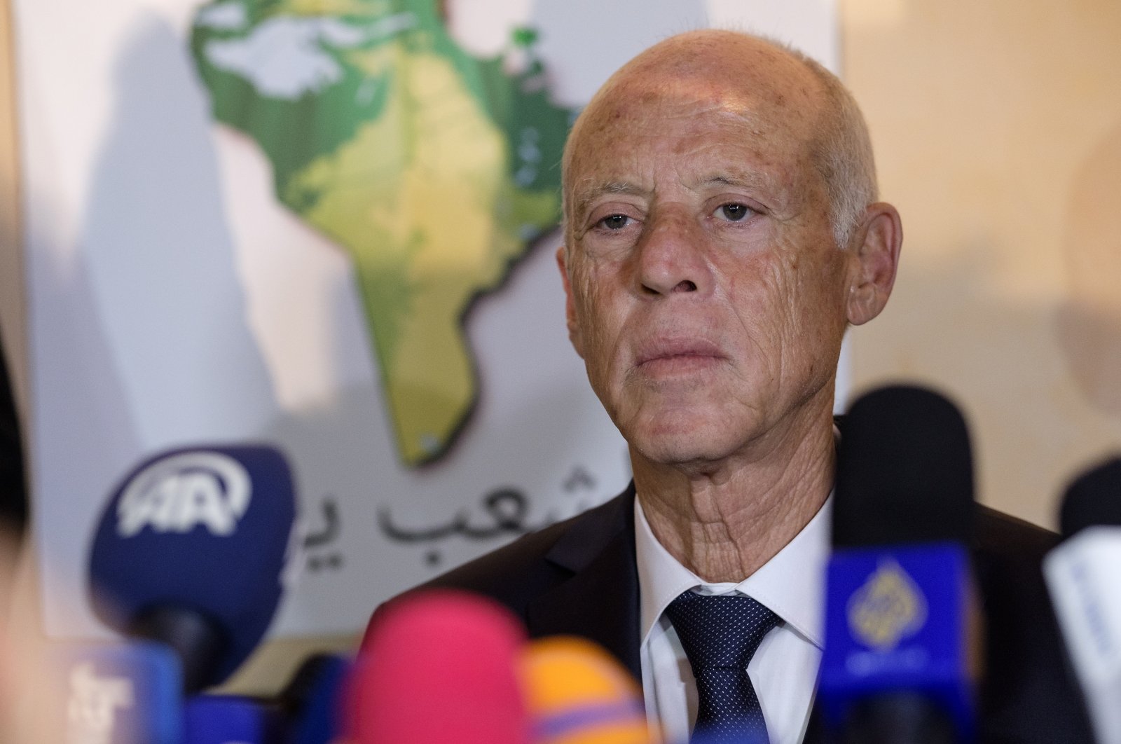 Then-Tunisian presidential candidate Kais Saied talks to media on October 13, 2019, Tunis, Tunisia. (Getty Images)