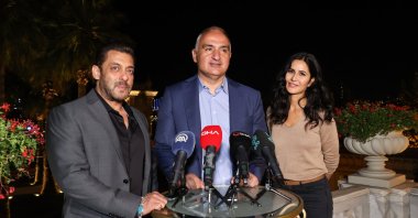 Culture and Tourism Minister Mehmet Nuri Ersoy (C) meets with Indian actors Katrina Kaif (R) and Salman Khan (L) at Çırağan Palace in Istanbul, Turkey, Sept. 3, 2021. (AA Photo)