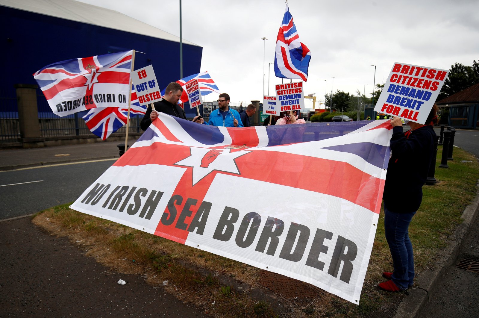  Loyalists protest against the Northern Ireland Brexit protocol at Belfast Harbour Estate, in Belfast, Northern Ireland, July 3, 2021. (Reuters Photo)
