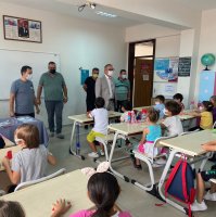 Turkish education authorities visit a classroom in northwestern Bilecik province for inspection of COVID-19 precautions on Sept. 4, 2021. (IHA Photo)