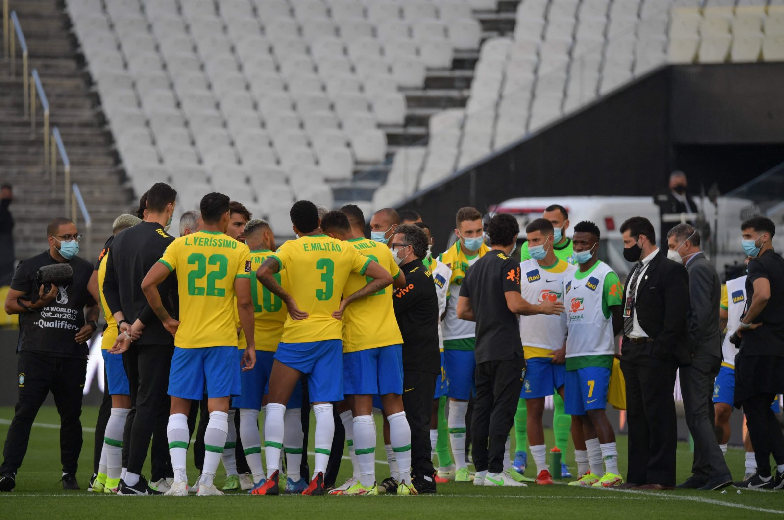 Brazil's players are seen after employees of the National Health Surveillance Agency (Anvisa) entered the field during the South American qualification football match for the FIFA World Cup Qatar 2022 between Brazil and Argentina at the Neo Quimica Arena, also known as Corinthians Arena, in Sao Paulo, Brazil, on Sept. 5, 2021. (AFP Photo)