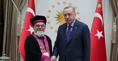 President Recep Tayyip Erdoğan shakes hands with Isak Haleva, chief rabbi of Turkey's Jewish community, during the latter's visit to the presidential complex, in the capital Ankara, Turkey, Jan. 30, 2020. (AA PHOTO)
