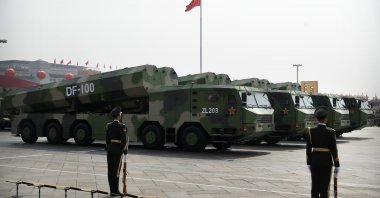 Chinese military vehicles carrying DF-100 cruise missiles roll during a parade to commemorate the 70th anniversary of the founding of Communist China in Beijing, China, Oct. 1, 2019. (AP Photo)