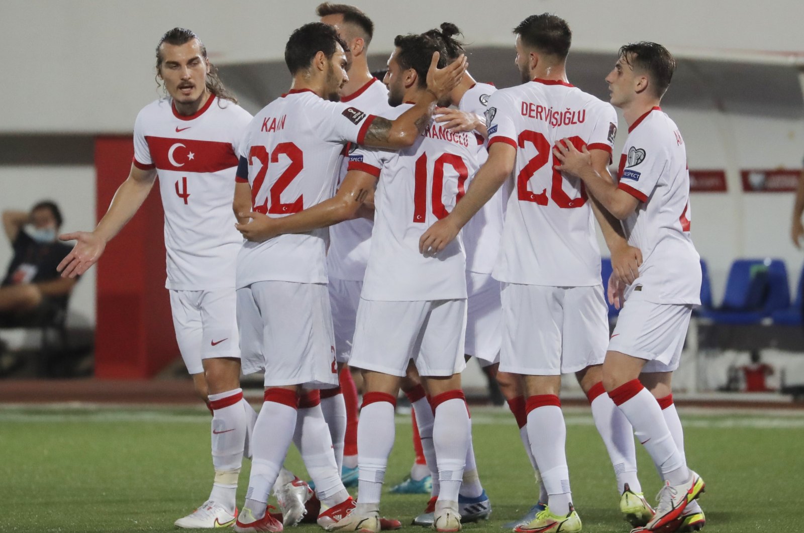 Turkey national team players celebrate a goal in their World Cup European Qualifiers Group G match against Gibraltar at Victoria Stadium, Gibraltar, Sept. 4, 2021. (Reuters Photo)