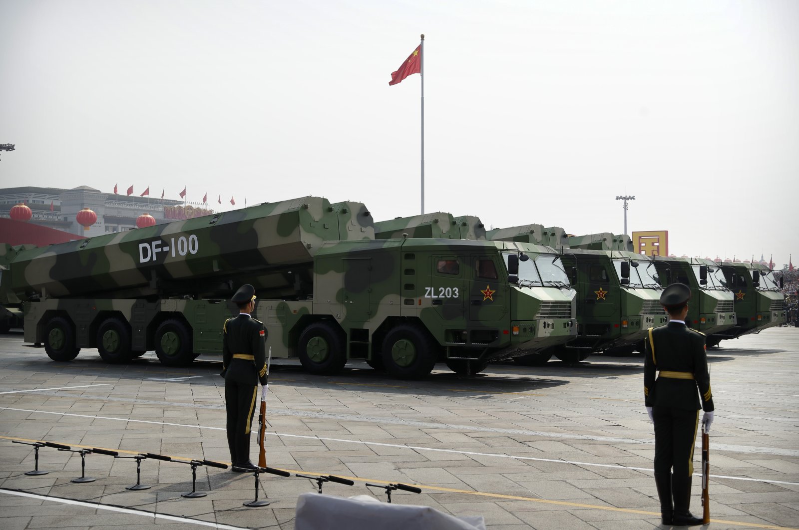Chinese military vehicles carrying DF-100 cruise missiles roll during a parade to commemorate the 70th anniversary of the founding of Communist China in Beijing, China, Oct. 1, 2019. (AP Photo)