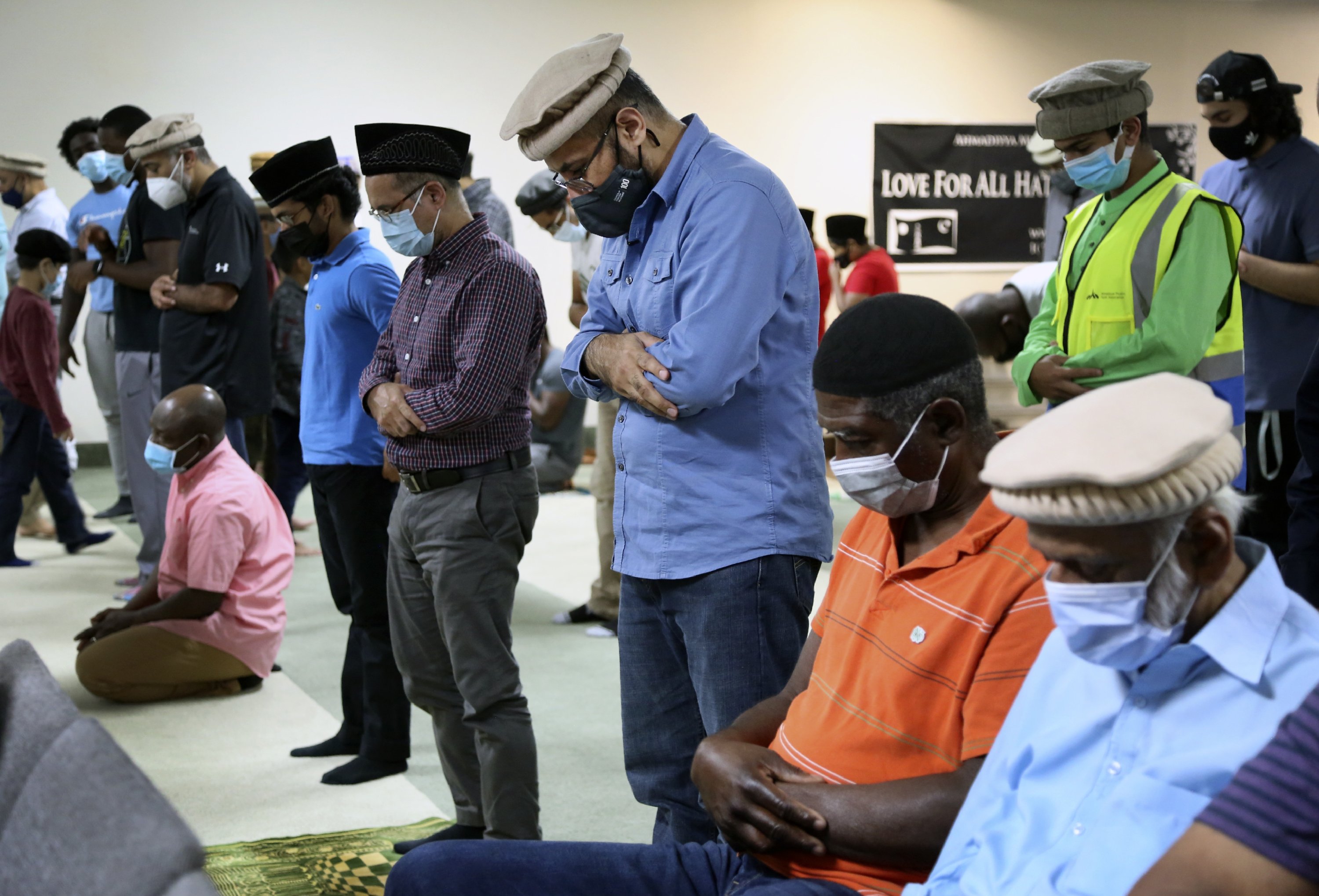 Mansoor Shams (C) and other community members attend Friday prayer in Rosedale, Maryland, U.S., Aug. 13, 2021. (AP Photo)