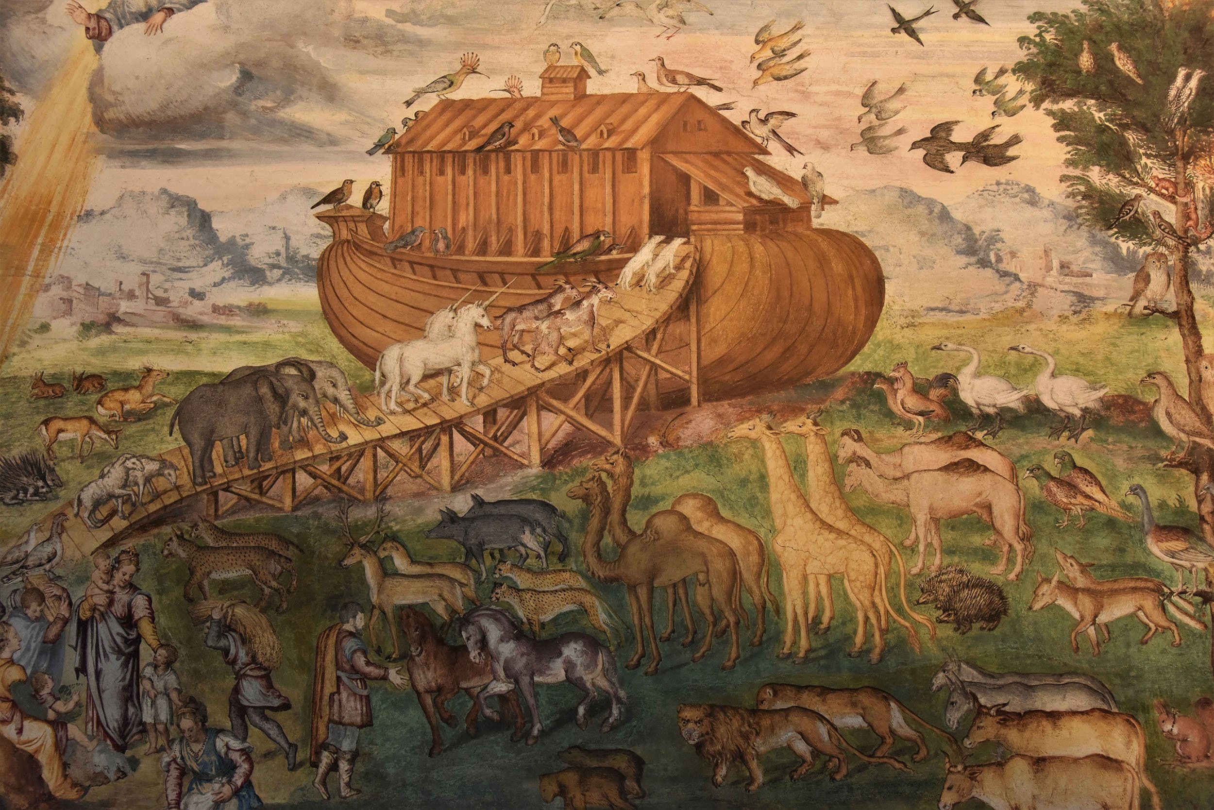 A fresco by Aurelio Luini depicting Noah's Ark with many kinds of animals boarding the wooden ship, including unicorns, at the San Maurizio al Monastero Maggiore Church, in Milano, Italy, Sept. 2, 2017. (Shutterstock Photo)